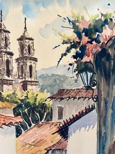 Original Vintage Mid Century Gouache Watercolor. Signed by artist of a Mexican village.