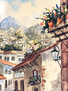 Original Vintage Mid Century Gouache Watercolor. Signed by artist of a Mexican village.