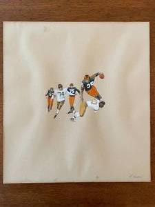 Small, vintage original painting of football players. Signed by artist lower right side.