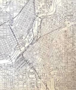 Original, large blueprint map of Minneapolis neighborhood including St Anthony Falls