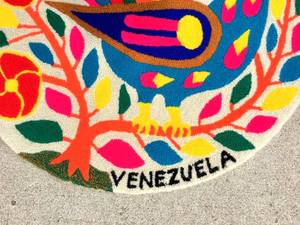 Large Mid Century Modern Pop Folk Art Venezuela Hooked Tapestry Bird of Paradise in Crewel.