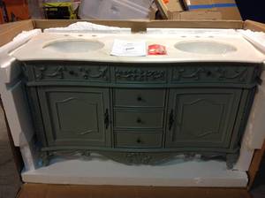 Home Decorators Collection Winslow 60 in. W x 22 in. D Bath Vanity in Antique Gray with Vanity Top in White Marble with White Basins Customer Returns See Pictures