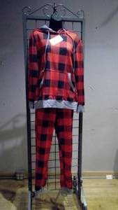 lot 21 image: Leisure Suit Shirt & Pants Red Plaid with Hoodie and Pockets Small