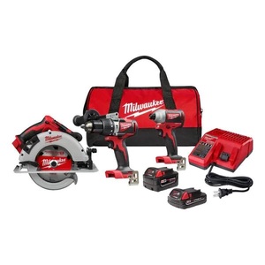 lot 1 image: NEW- Milwaukee M18 18-Volt Lithium-Ion Brushless Cordless Hammer DrillImpactCircular Saw Combo Kit (3-Tool) with 2-Batteries
