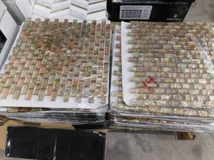 lot 14 image: (32) Jeffrey Court Infusion Gold Metallic 11.875 in. x 11.375 in. Interlocking Brick Glass Mosaic Tile (0.938 sq. ftEach)