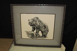 lot 303 image: Grizzly Bear by Craig Munson circa 1977 Signed Original Ink Drawing in a Ribbed Wood FrameDouble Matte