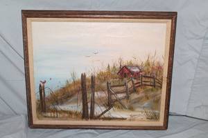 lot 305 image: Cabin By The Coast by Theresa Beyer circa 1977 Signed Primitive Oil on Canvas in a Wood Frame