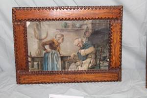 lot 310 image: What Do You Want For Supper Vintage Chromolith Print in a Tramp Art FrameWavy Glass