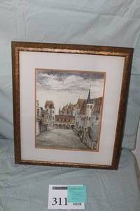 lot 311 image: Village Artwork in a Wood FrameSingle Matte