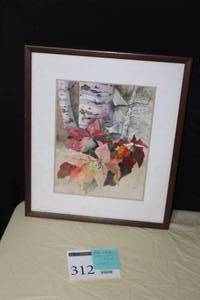 lot 312 image: Birch Tree Leaves by Mike D-Andreu Signed Original Watercolor in a Wood FrameSingle Matte