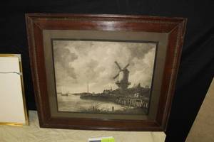 lot 314 image: Windmill By The Coast by Johnson Gordon Co. of Chicago Signed Turn of the Century Dutch Print in a Period FramePeriod Glass