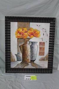 lot 333 image: Flowers In Vase by R. Rivas Signed Still Life On Canvas in a Ribbed Wood Frame