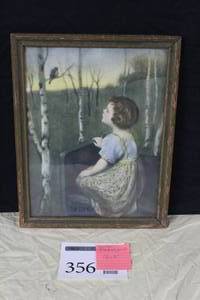 lot 356 image: Spring Song Blind Girl with Robin by Simon Glucklich Signed Vintage Print in a Wood Frame