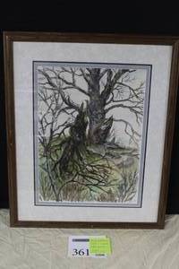 lot 361 image: The Old Tree by Goldie S. Lipson Listed WP Artist Signed Original Watercolor in a Wood FrameDouble Matte
