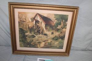 lot 363 image: The Old Mill by Al Wettel Signed Print by Brown & Bigelow, St. Paul in a Ornate FrameSingle Matte