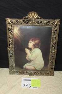 lot 365 image: Small Child Praying Print in a Ornate Metal FrameBubble Glass