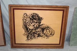 lot 368 image: Cheetahs by Vesily Signed Mid Century Print On Glass in a Wood Frame