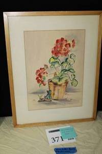 lot 371 image: Flower In Pot by Alice Calkin Gioscia Signed Original Watercolor in a Wood FrameSingle Matte