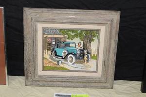 lot 384 image: Grandpas Little Helper Car Wash by H. Hargrove Signed Original Painting in a Distressed Wood Frame