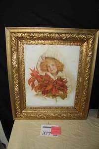 lot 377 image: Girl With Flowers Vintage Print in a Ornate Old Frame