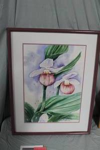 lot 385 image: Lady Slippers Signed Original Watercolor in a Wood FrameDouble Matte
