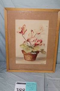 lot 388 image: Flowers by Jacques Signed Vintage Original Watercolor in a Wood FrameSingle Matte