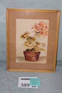 lot 389 image: Flowers by Jacques Signed Vintage Original Watercolor in a Wood FrameSingle Matte