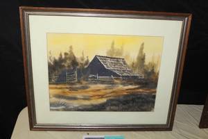 lot 376 image: The Old Barn by Tina Franklin circa 1977 Signed Original Watercolor in a Wood FrameSingle Matte