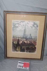 lot 394 image: St. Stephens Cathedral Signed Vintage Colored Etching in a FrameSingle Matte