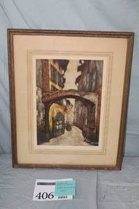 lot 406 image: The Old Town Signed Vintage Colored Etching in a FrameSingle Matte