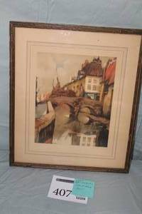 lot 407 image: Reflection In The Canal by Afta Van Santen Signed Vintage Colored Etching in a FrameSingle Matte