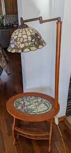 lot 18 image: Vintage Stained Glass End Table with Attached Tiffany Style Lamp and Magazine Rack