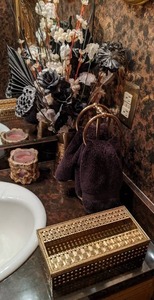 lot 23 image: Elegant Bathroom Decor Towel Holder, Tissue Box, Candle Holder, & Flower Vase - Gold
