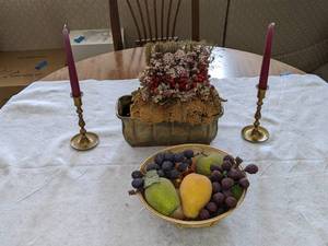 lot 44 image: Mixed Lot of Home Decor CandlesticksCandles, Dried Flower Arrangement, Faux Fruit in Bowl