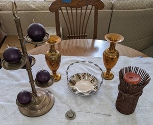 lot 37 image: Decor Pottery Barn Candle Holder, Khols Pillar Hodler, Candle, Set of (2) Brass Vases, Metal Candy Dish, & More