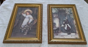 lot 34 image: Set of (2) Vintage Art Pieces w Gold Frames - Children