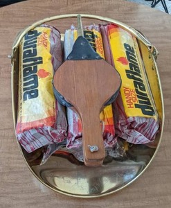 lot 63 image: Fireplace Items Vintage Brass Firewood Holder, Fireplace Bellows and 5 Duraflame Logs