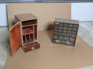 lot 73 image: Vintage Handmade Wooden CubbyCabinet and Metal Hardware Organizer
