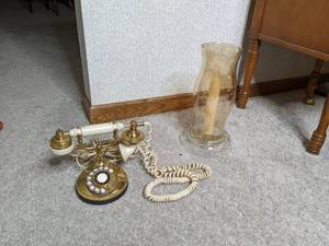 lot 87 image: Vintage Brass Rotary Phone and Glass Hurricane Candle Holder