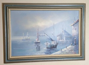 lot 5 image: Original Oil Painting, Sea Port in Elegant Frame