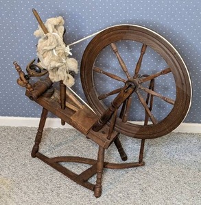lot 10 image: Vintage Solid Wood Spinning Wheel w a pair of Vintage Whittemore No.8 Wool Carders by L.S. Watson & Co.