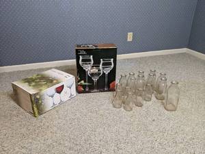 lot 137 image: Collection of Glassware Wine Glasses, Candle Holders & Vintage Milk Bottles