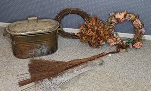 lot 126 image: Vintage Household Decor Metal Fireplace Log Bin, Wreathes, Hanging Flower Basket