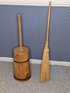 lot 130 image: Ornamental Butter Churn and Fireplace Broom