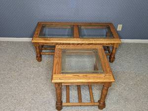 lot 134 image: Set of 2 Coordinating Coffee Table & End Table Wood with Glass Top