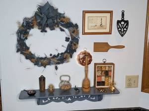 lot 157 image: Country Home Blue and Brown Decor Lot Wreath, Shelf, Iron Trivet, and Much More