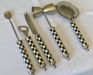 lot 10 image: Mackenzie Childs Courtly Check Bar Tools and Oneida Cocktail Shaker