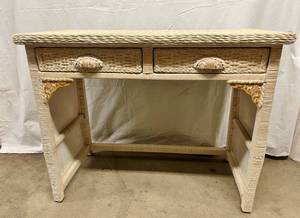 DELIGHTFUL VINTAGE PANAMANIANJAMAICAN STYLE LABELED PIER 1 (HANDMADE) JAMAICA COLLECTION WHITE WASHED WICKER &amp WOOD 2 DRAWER DESK - GREAT CONDITION