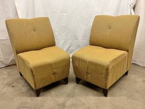 PAIR CONTEMPORARY MODERN GOLD SHIMMER FABRIC DESIGNER STATEMENT CHAIRS BY LOWENSTEIN - SUPER HIGH QUALITY &amp CONSTRUCTION - CHAIRS CAN ACTUALLY LATCH TOGETHER (HARDWARE UNDERNEATH) TO MAKE A LOVESEAT - PERFECT FOR SMALL SPACES OR GUEST SEATING&nbsp