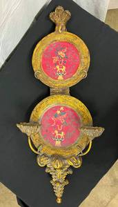 Gorgeous Bombay Style Heavy 2 Piece Gold &amp Red Wall Sculpture Candleholder - Not Sure Of Material But This Is Heavier Like Maybe Wood - Great Condition&nbsp